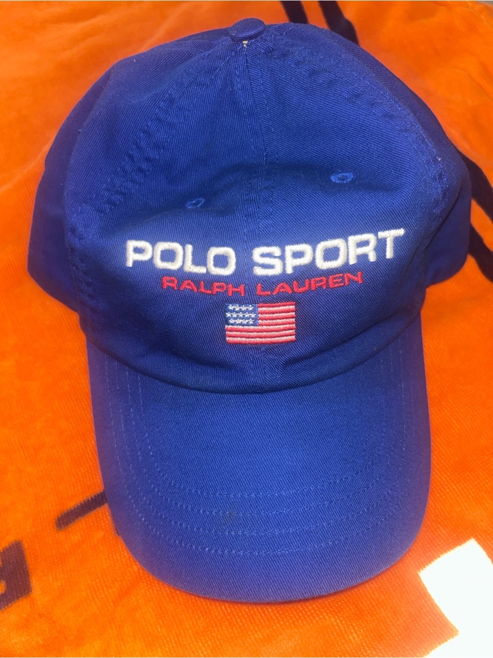 Ralph Lauren Polo Sport Blue Cap with Red, White Flag Detail